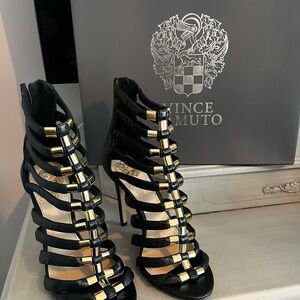 Vince Camuto Strappy Black and Gold Heels